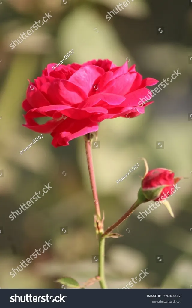 A single red rose in full bloom on its plant in a garden